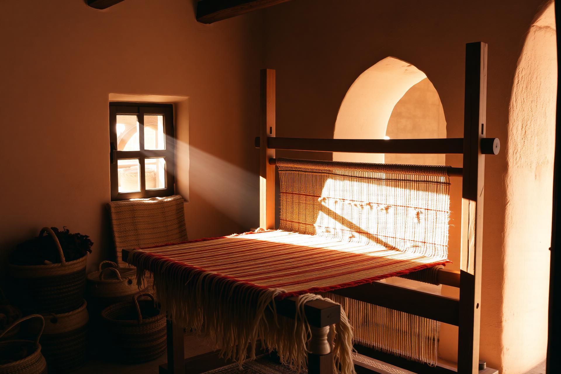 Atelier de tissage à Marrakech baigné de lumière dorée